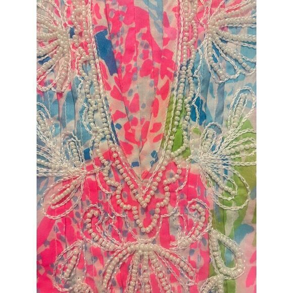 Lilly Pulitzer Sarasota Beaded Tunic Blouse Turquoise Lets Cha Cha Pink Small - Picture 4 of 5